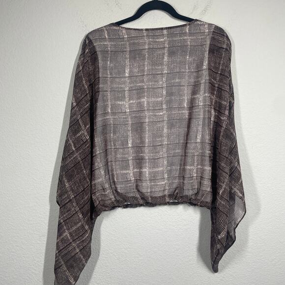 Lola & Sophie New York Medium Plaid Dolman Top Brown Cold Shoulder Crew Neck - Picture 2 of 8